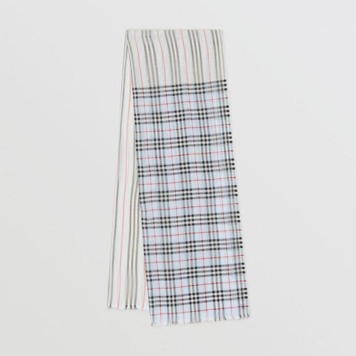 Burberry Burberry Icon Stripe And Vintage Check Wool Silk Scarf, Blue