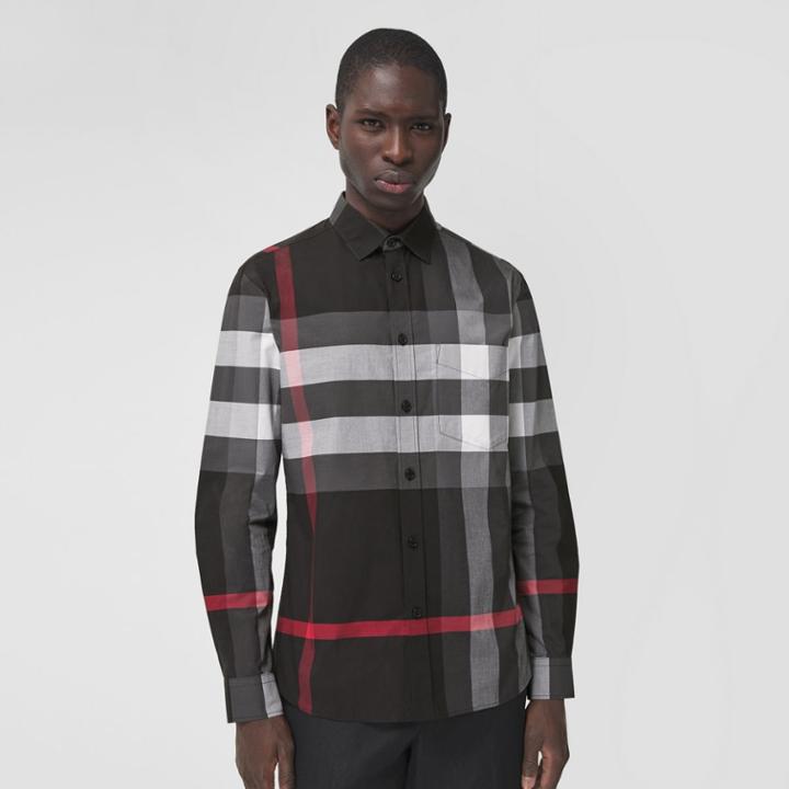 Burberry Burberry Check Stretch Cotton Poplin Shirt, Size: M, Grey