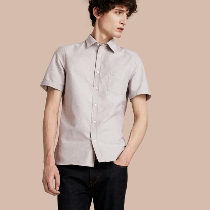 Burberry Burberry Check Detail Short-sleeved Cotton Oxford Shirt, Size: M, Grey