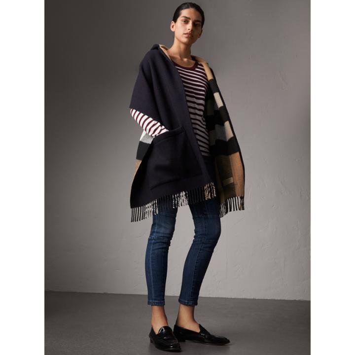 Burberry Burberry Check-lined Wool Cashmere Hooded Stole, Blue