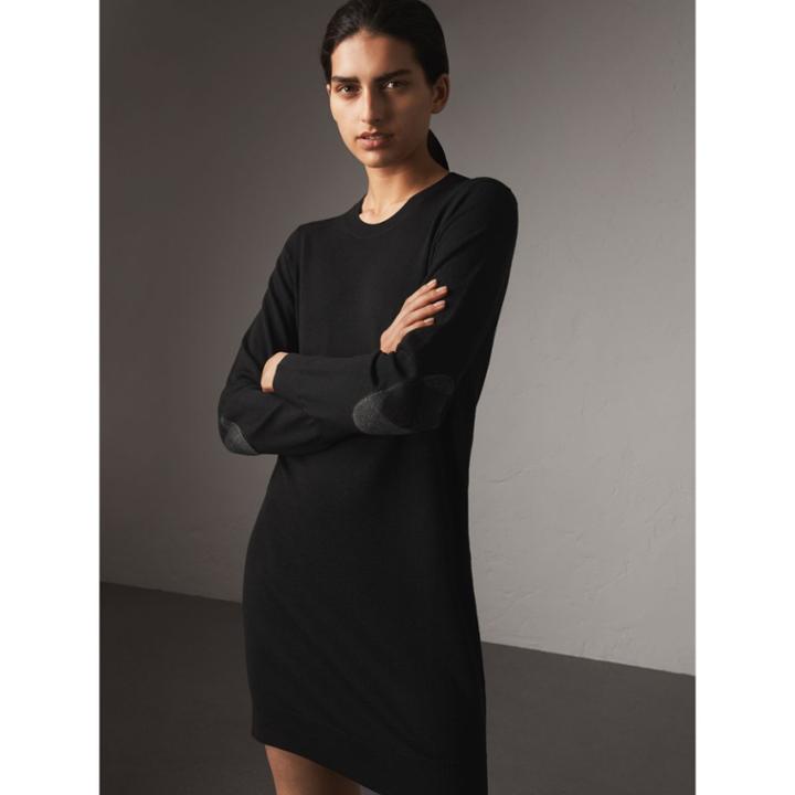 Burberry Burberry Check Elbow Detail Merino Wool Sweater Dress, Size: Xl, Black