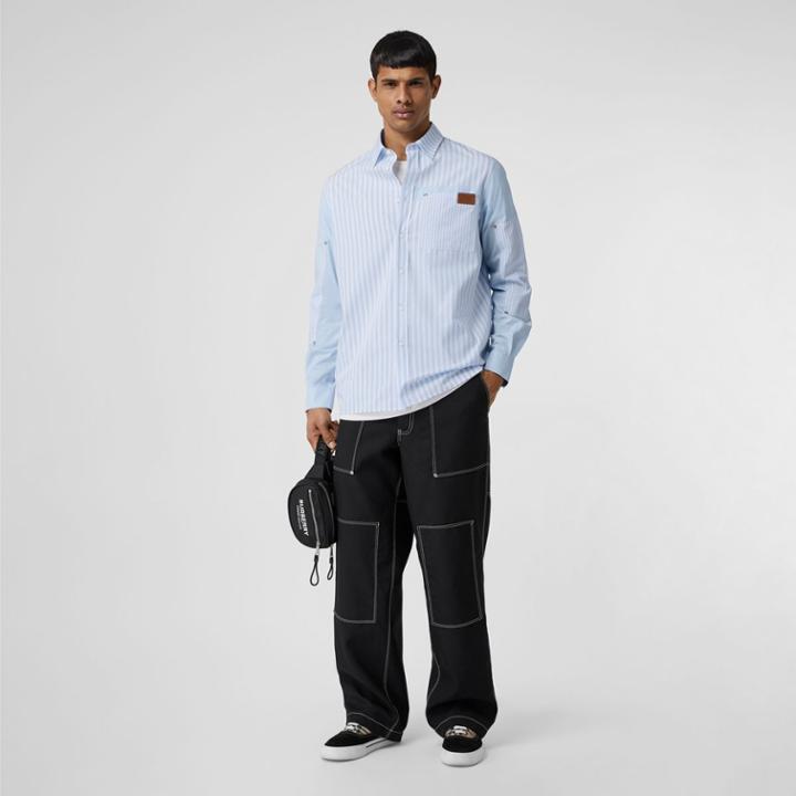 Burberry Burberry Logo Detail Patchwork Striped Cotton Shirt, Size: M, Blue