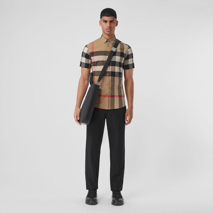 Burberry Burberry Short-sleeve Check Stretch Cotton Poplin Shirt, Size: M, Beige