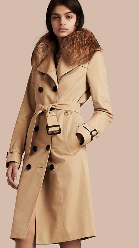 Burberry Cotton Gabardine Trench Coat With Detachable Raccoon Collar