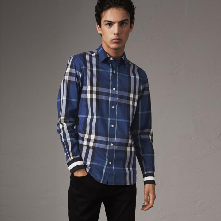 Burberry Burberry Striped Cuff Check Cotton Blend Shirt, Size: Xl, Blue