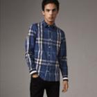 Burberry Burberry Striped Cuff Check Cotton Blend Shirt, Size: Xl, Blue