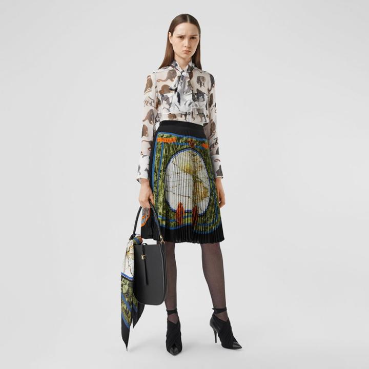 Burberry Burberry Map Print Silk-lined Pleated Skirt, Size: 04, Grey