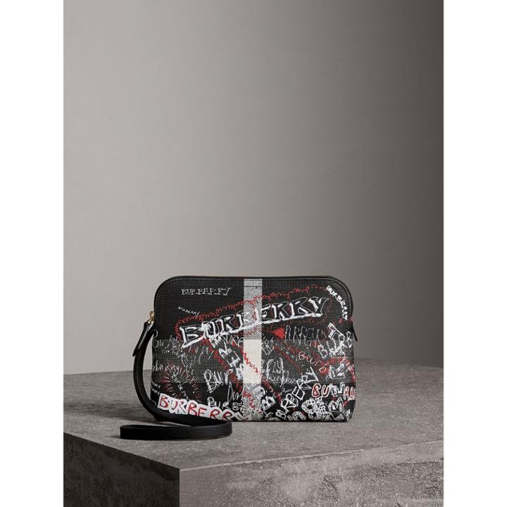 Burberry Burberry Large Zip-top Doodle Print Coated Canvas Check Pouch, Black