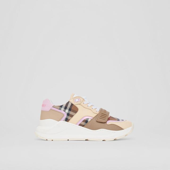 Burberry Burberry Check Cotton And Leather Sneakers, Size: 35