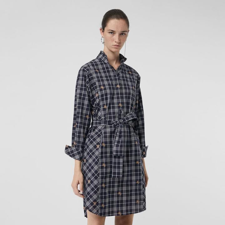 Burberry Burberry Fil Coup Check Cotton Tie-waist Shirt Dress, Size: 00, Blue