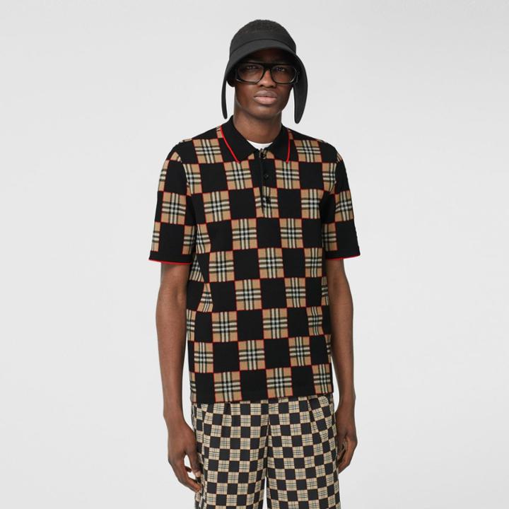 Burberry Burberry Chequer Merino Wool Blend Jacquard Polo Shirt, Beige