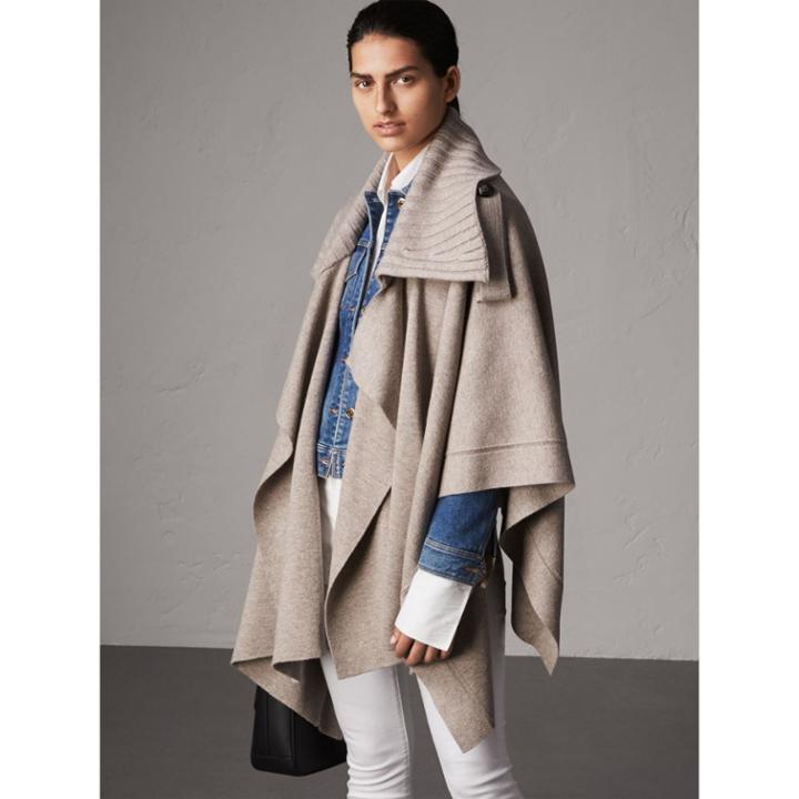 Burberry Burberry Rib Knit Collar Wool Cashmere Blend Poncho, Brown