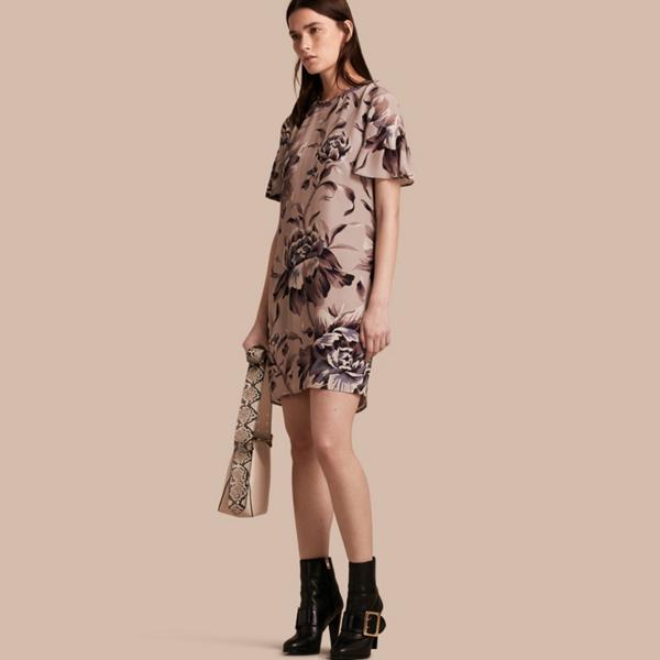 Burberry Peony Rose Silk Shift Dress With Ruffle Sleeves
