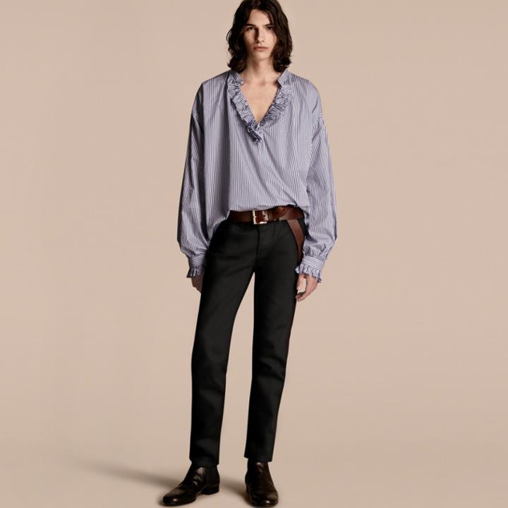 Burberry Burberry Ruffle Detail Striped Cotton Tunic, Size: 42, Blue