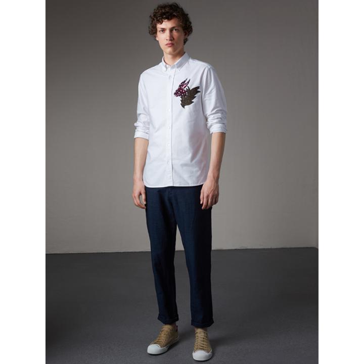 Burberry Burberry Button-down Collar Beasts Motif Cotton Oxford Shirt, White