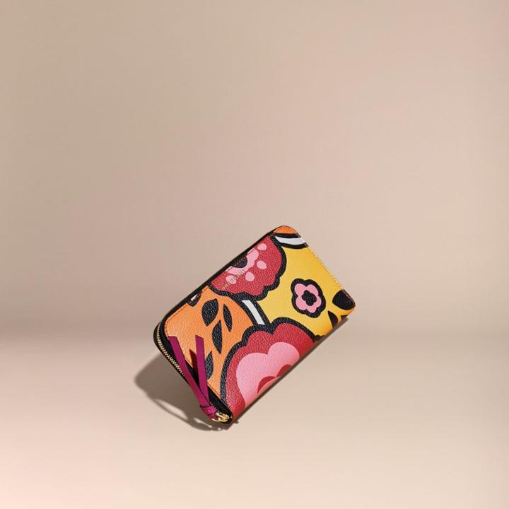 Burberry Burberry Floral Print Grainy Leather Ziparound Wallet, Orange