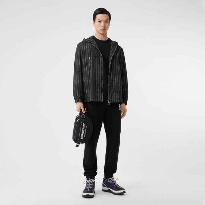 Burberry Burberry Logo Pinstripe Nylon Hooded Jacket, Black