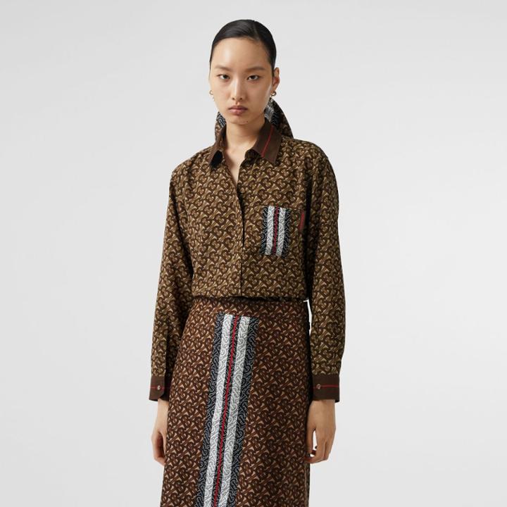 Burberry Burberry Monogram Stripe Print Silk Oversized Shirt, Size: 04, Bridle Brown