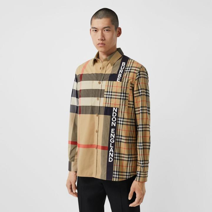 Burberry Burberry Logo Print Patchwork Check Cotton Oversized Shirt, Size: Xs, Beige