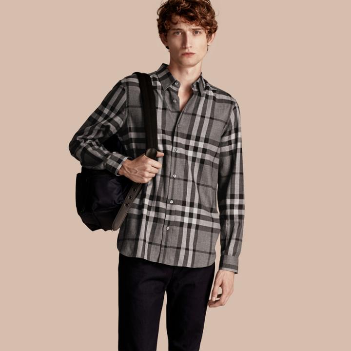 Burberry Burberry Check Cotton Cashmere Flannel Shirt, Grey