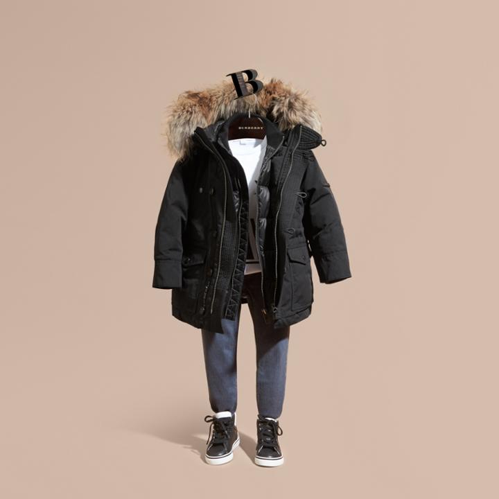 Burberry Burberry Fur-trimmed Down-filled Hooded Puffer Coat, Size: 8y, Black