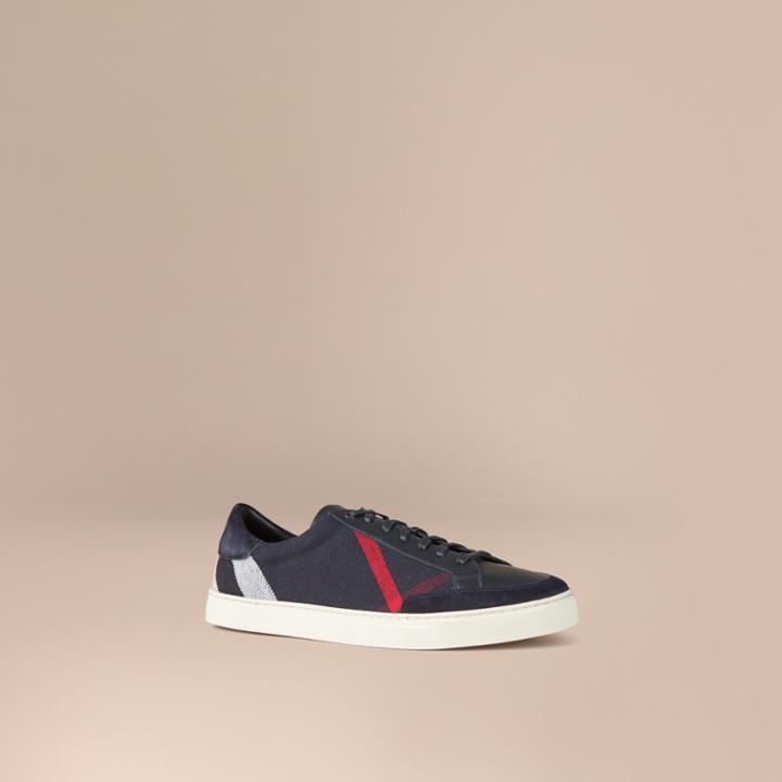 Burberry Burberry Canvas Check And Leather Trainers, Size: 45.5, Blue