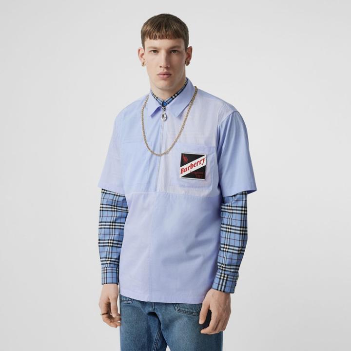 Burberry Burberry Short-sleeve Logo Graphic Patchwork Cotton Shirt, Blue