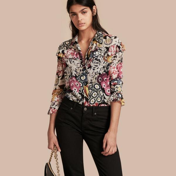 Burberry Floral Silk Georgette Frill Detail Shirt