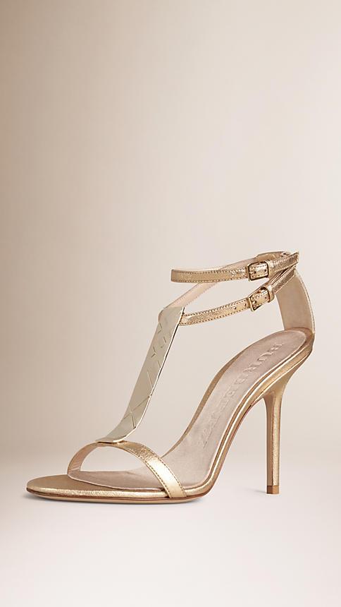 Burberry Check Plaque Detail Metallic Leather Sandals
