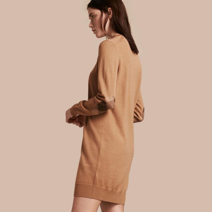 Burberry Burberry Check Elbow Detail Merino Wool Sweater Dress, Brown