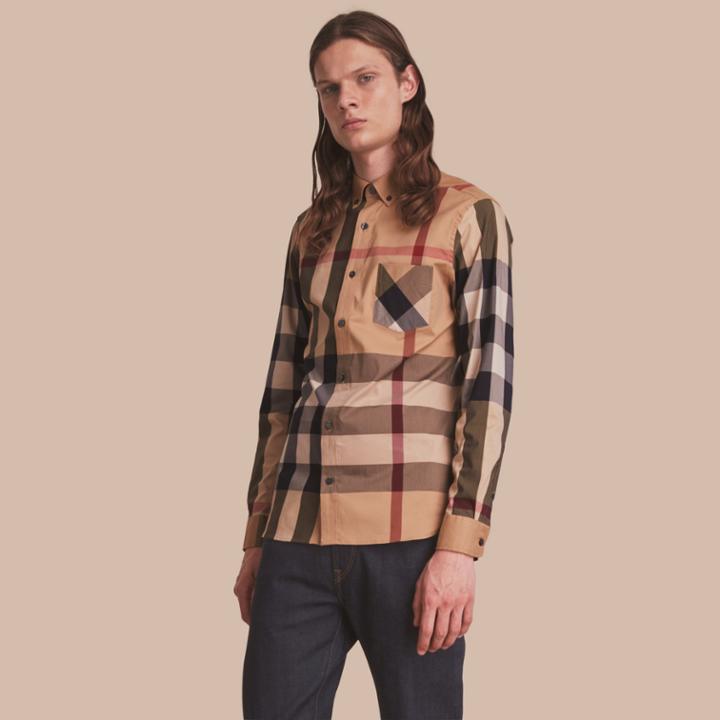 Burberry Burberry Button-down Collar Check Stretch Cotton Blend Shirt, Brown