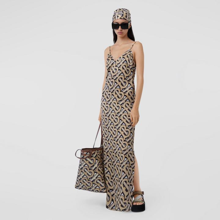 Burberry Burberry Monogram Print Silk Satin Slip Dress, Size: 02, Beige