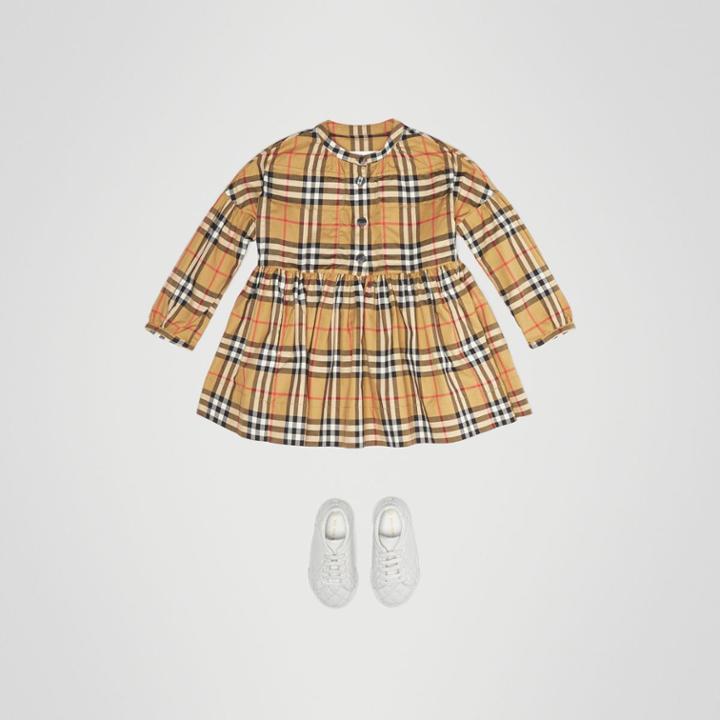 Burberry Burberry Childrens Gathered Sleeve Vintage Check Cotton Dress, Size: 10y, Yellow