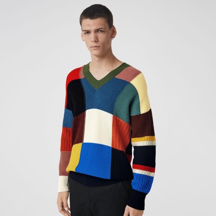 Burberry Burberry Patchwork Wool V-neck Sweater, Blue