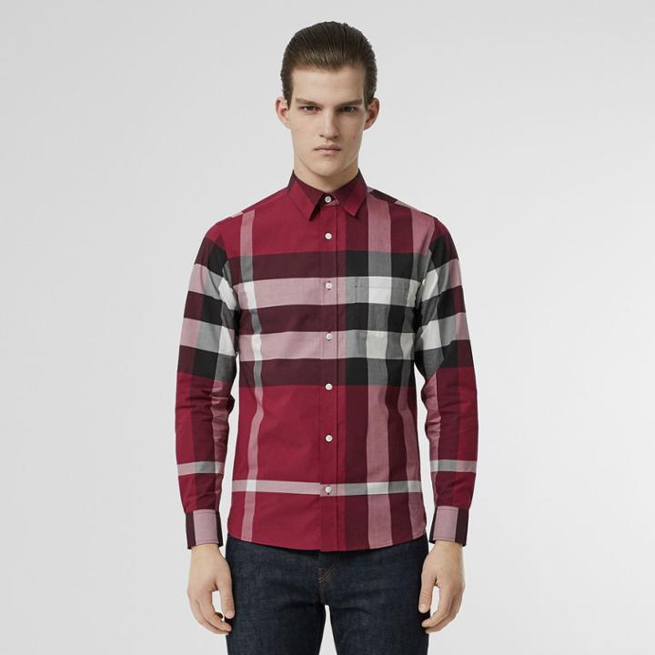 Burberry Burberry Check Stretch Cotton Shirt, Size: L, Pink