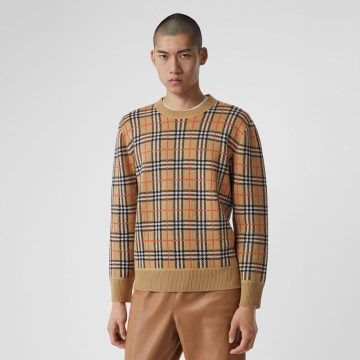 Burberry Burberry Check Merino Wool Jacquard Sweater, Size: Xxl, Beige