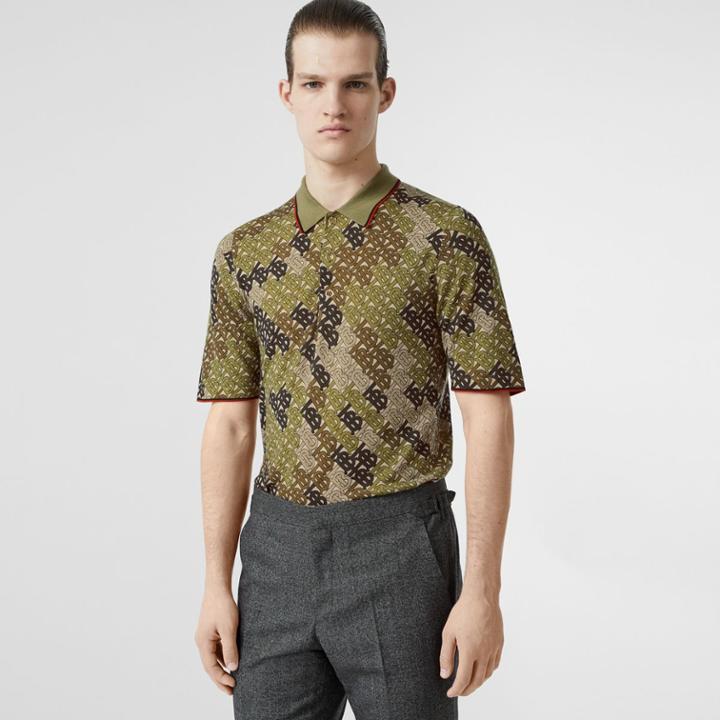 Burberry Burberry Monogram Print Tipped Merino Wool Polo Shirt, Green
