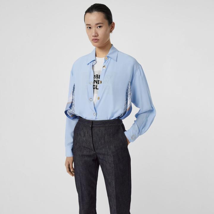 Burberry Burberry Monogram Print Trim Silk Shirt, Size: 04, Blue