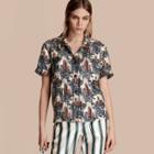 Burberry Short-sleeved Castle Print Silk Pyjama-style Shirt