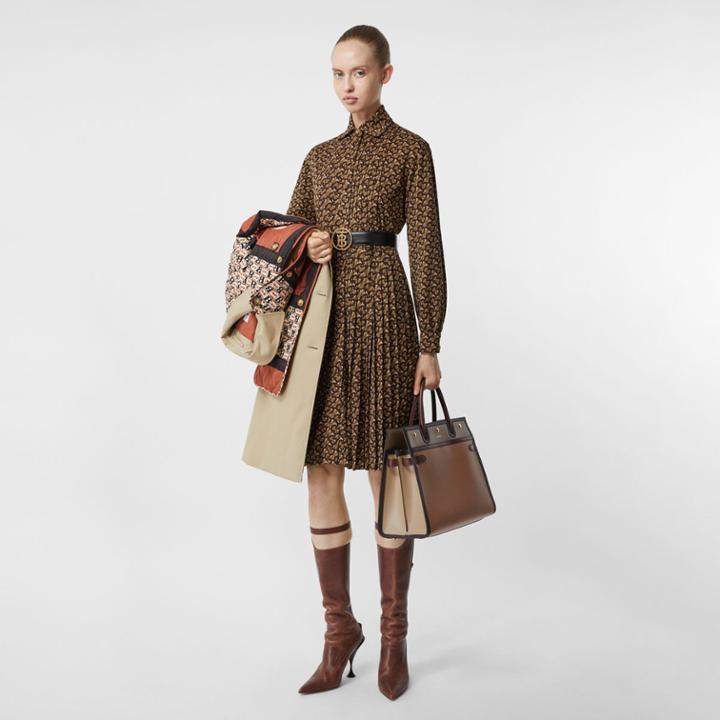 Burberry Burberry Pleated Monogram Print Jersey Tie-waist Shirt Dress, Size: 04, Brown