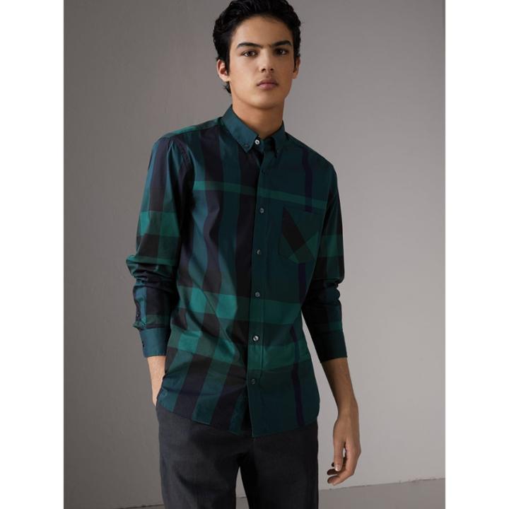 Burberry Burberry Button-down Collar Check Stretch Cotton Blend Shirt, Green