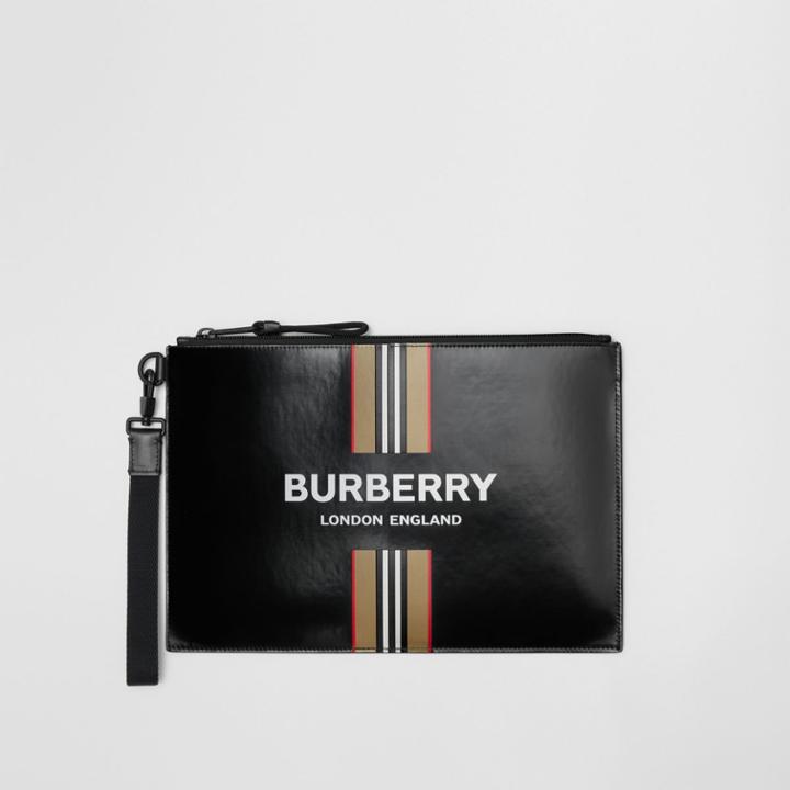 Burberry Burberry Logo And Icon Stripe Print Coated Canvas Zip Pouch, Black