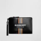 Burberry Burberry Logo And Icon Stripe Print Coated Canvas Zip Pouch, Black