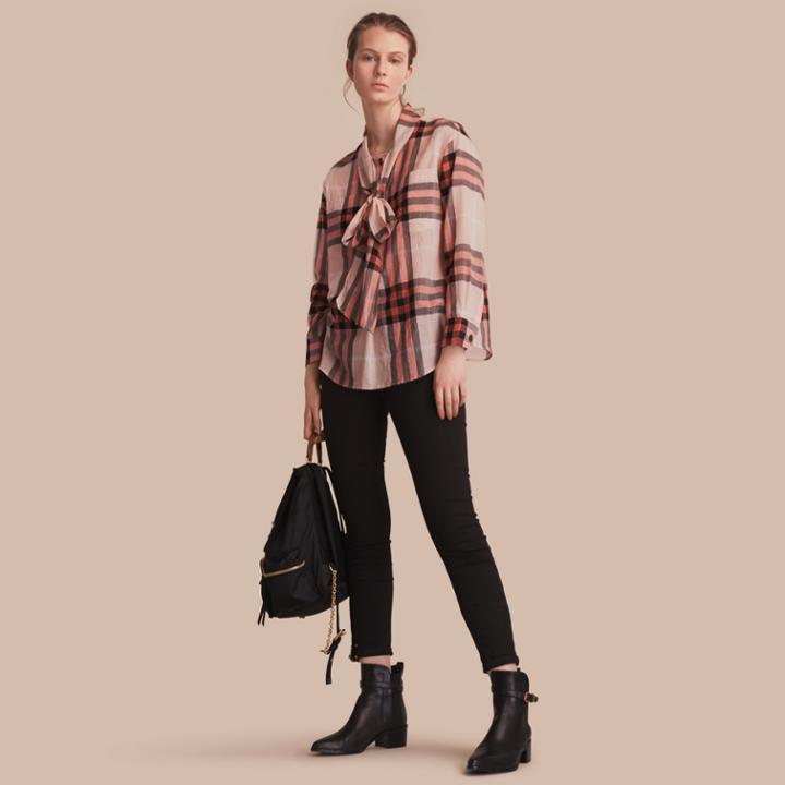 Burberry Burberry Check Tie Neck Cotton Shirt, Size: 06, Orange
