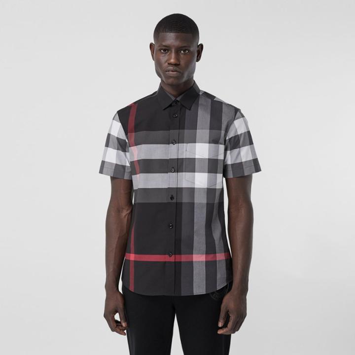 Burberry Burberry Short-sleeve Check Stretch Cotton Poplin Shirt, Grey