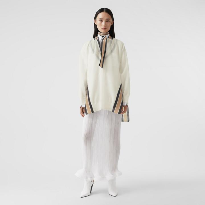 Burberry Burberry Long-sleeve Cricket Stripe Detail Knit Oversized Top, Size: Xl, White
