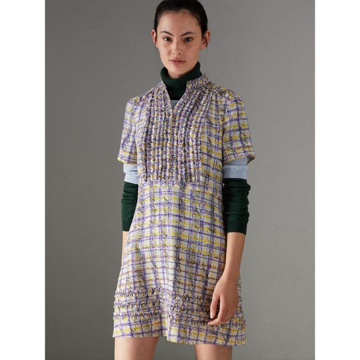 Burberry Burberry Ruffle Detail Scribble Check Print Silk Dress, Size: 00