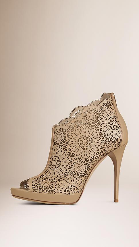 Burberry Laser-cut Lace Leather Peep-toe Ankle Boots