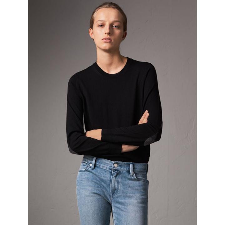 Burberry Burberry Check Detail Merino Wool Crew Neck Sweater, Size: Xs, Black