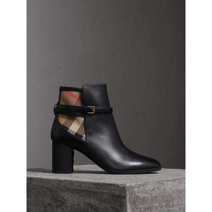 Burberry Burberry House Check And Leather Ankle Boots, Size: 40.5, Black